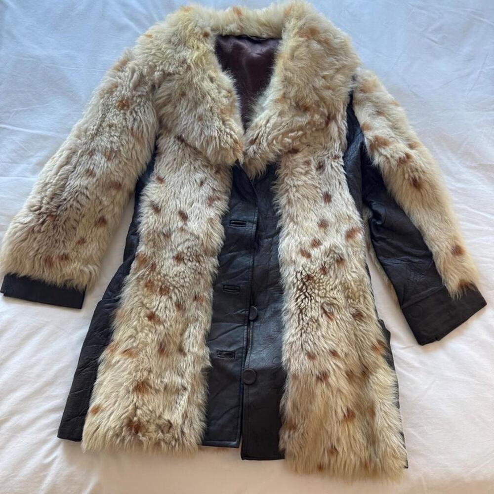 Vintage 90s brown cream polka dot lamb fur coat with leather trim